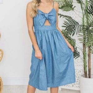 Listicle Chambray Denim Bow Cut Out Midi Dress Sundress NWT New